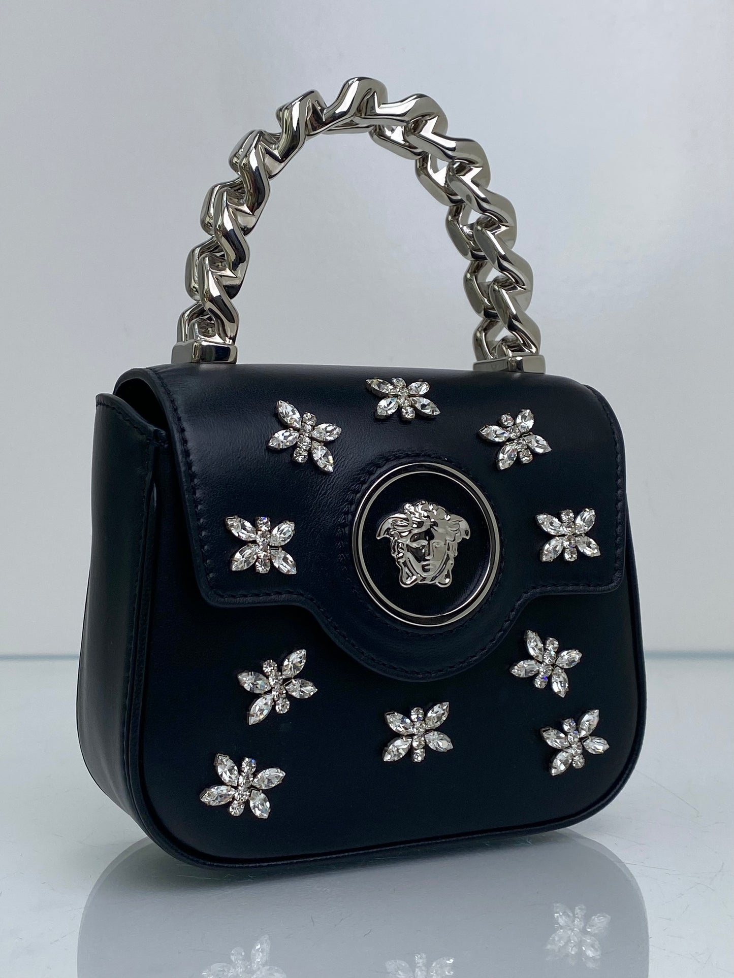 Versace Black Crystal Embellished La Medusa Mini Top Handle Bag SHW