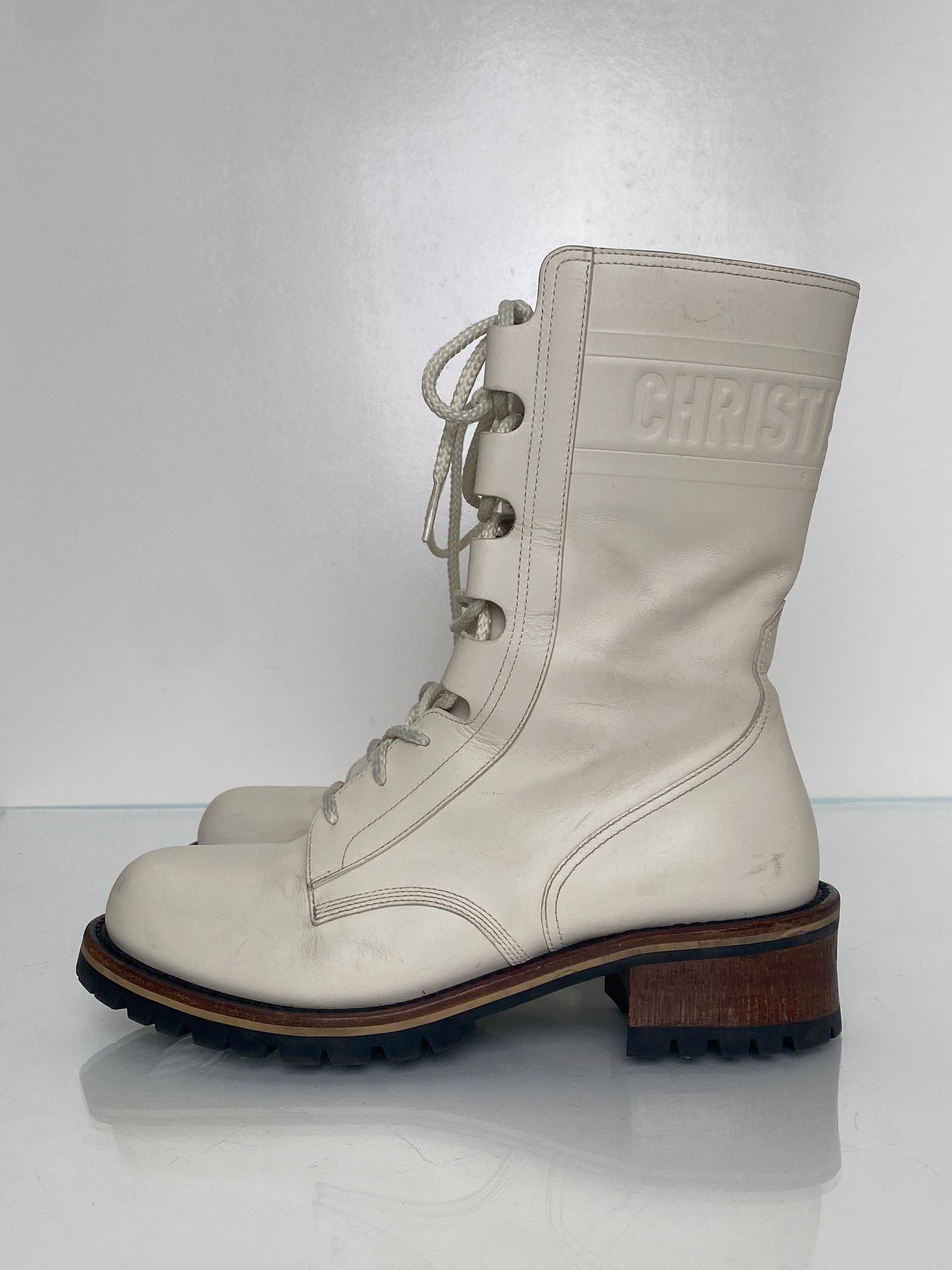 Dior White Logo Leather Combat Boots, 39