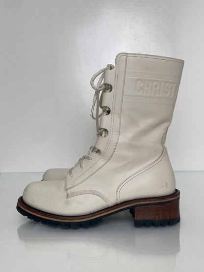 Dior White Logo Leather Combat Boots, 39