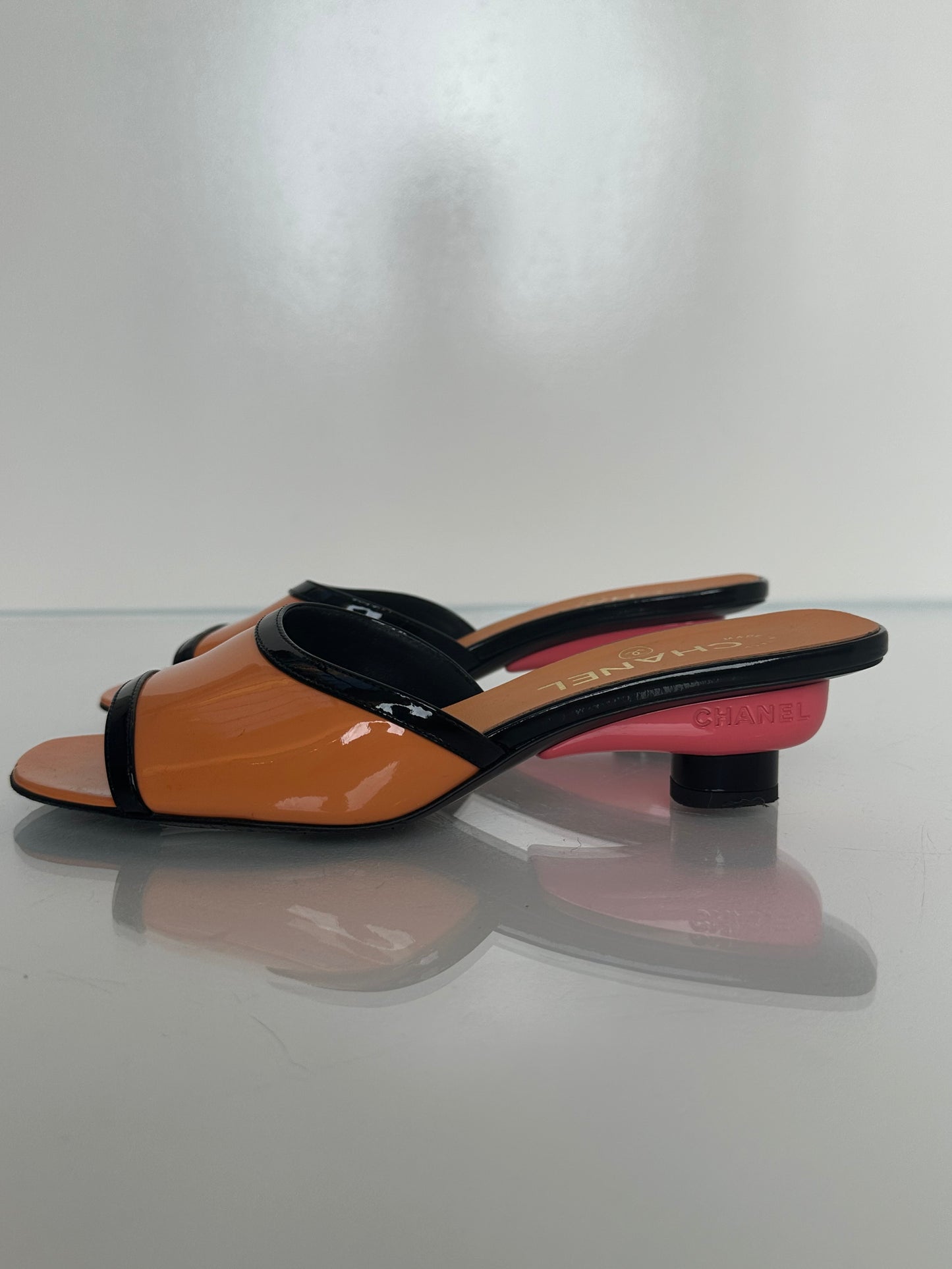 Chanel Orange, Pink, & Black Patent Kitten Heels, 37