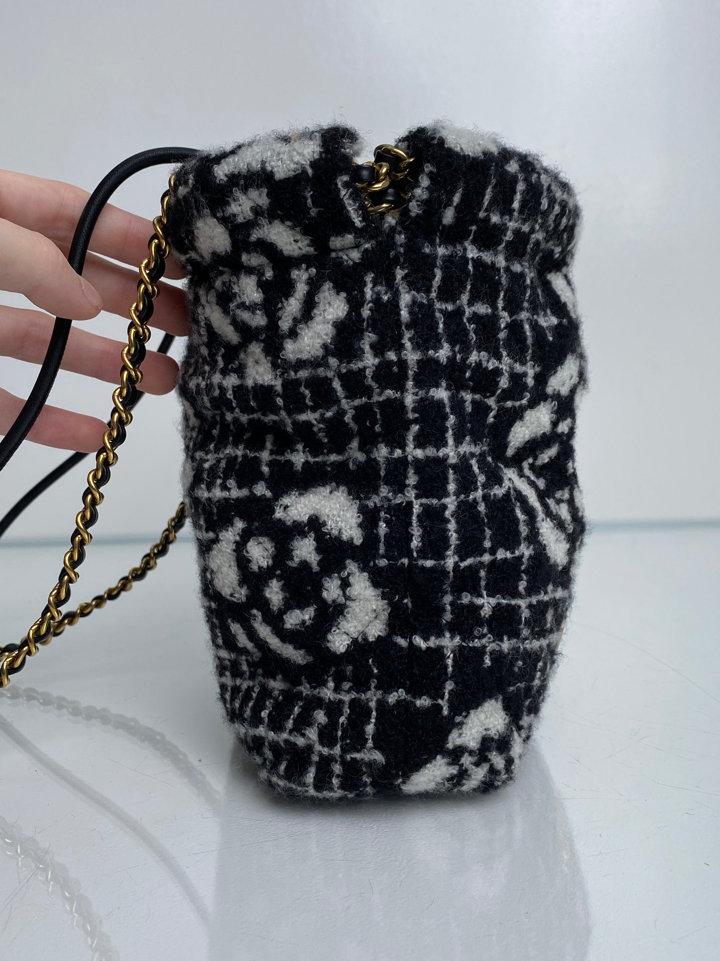Chanel 22 Mini Black/White Tweed Camellia Bag GHW
