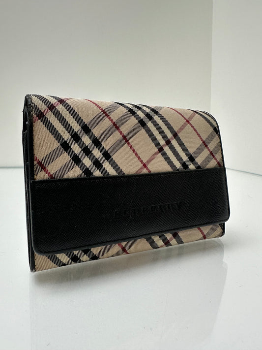 Burberry Tartan Canvas & Black Leather Snap Wallet