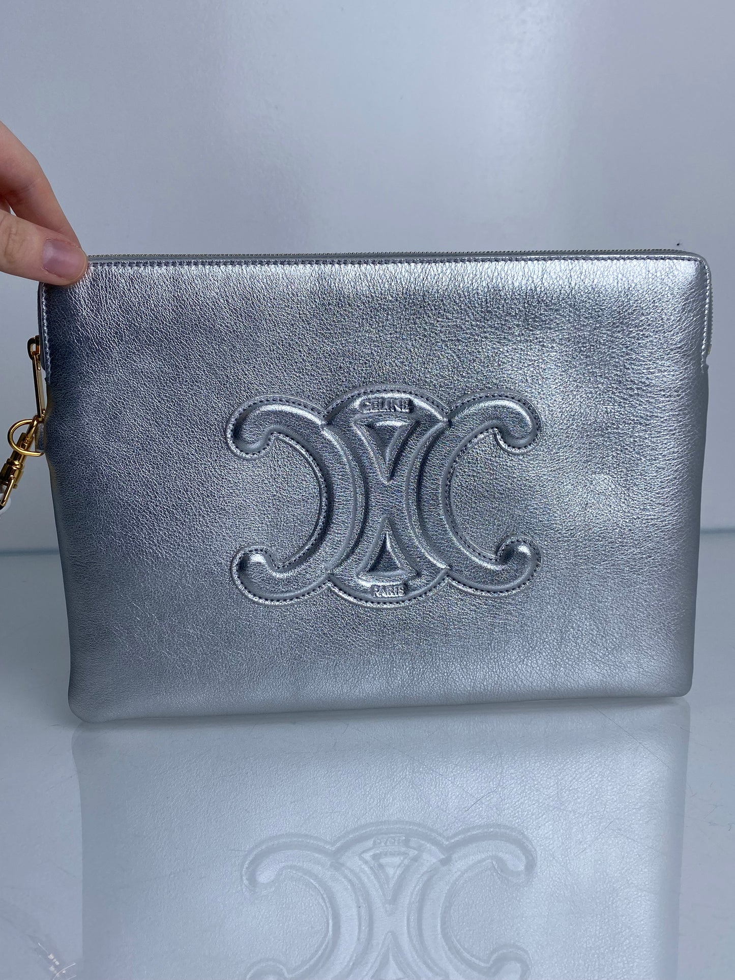 Celine Cuir Triomphe Small Pouch Metallic Silver