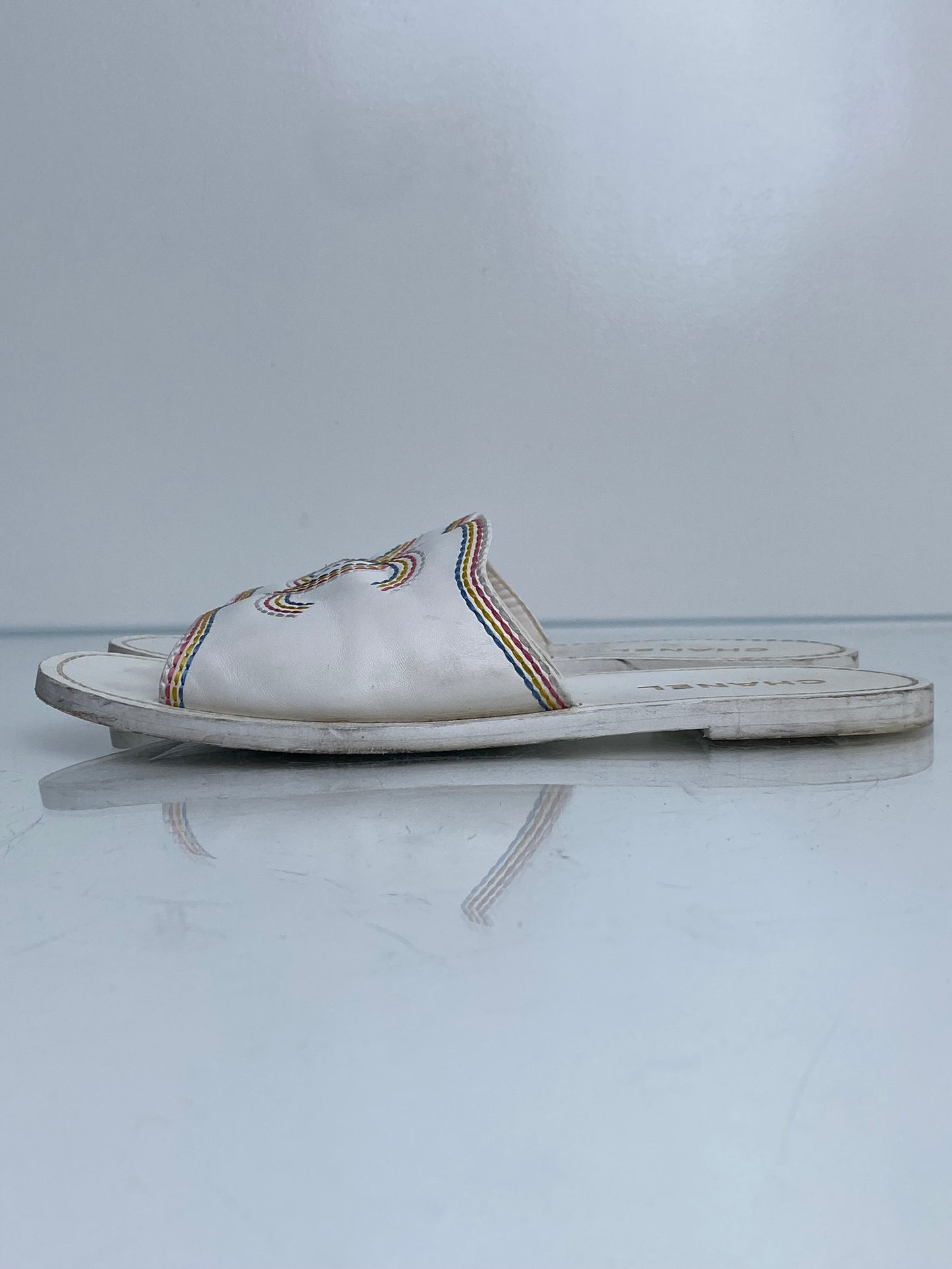 Chanel White & Multicolor Embroidered CC Sandals, 39.5 (As Is)