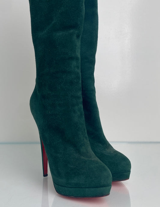 Christian Louboutin Dark Green Suede Tall Booties, 39