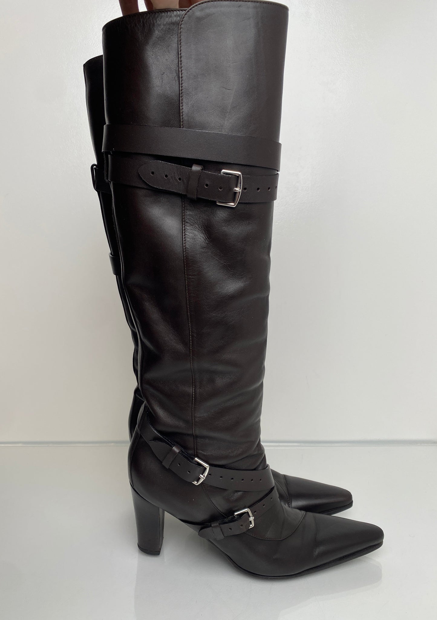 Hermes Brown Leather Buckle Heeled Boots, 36