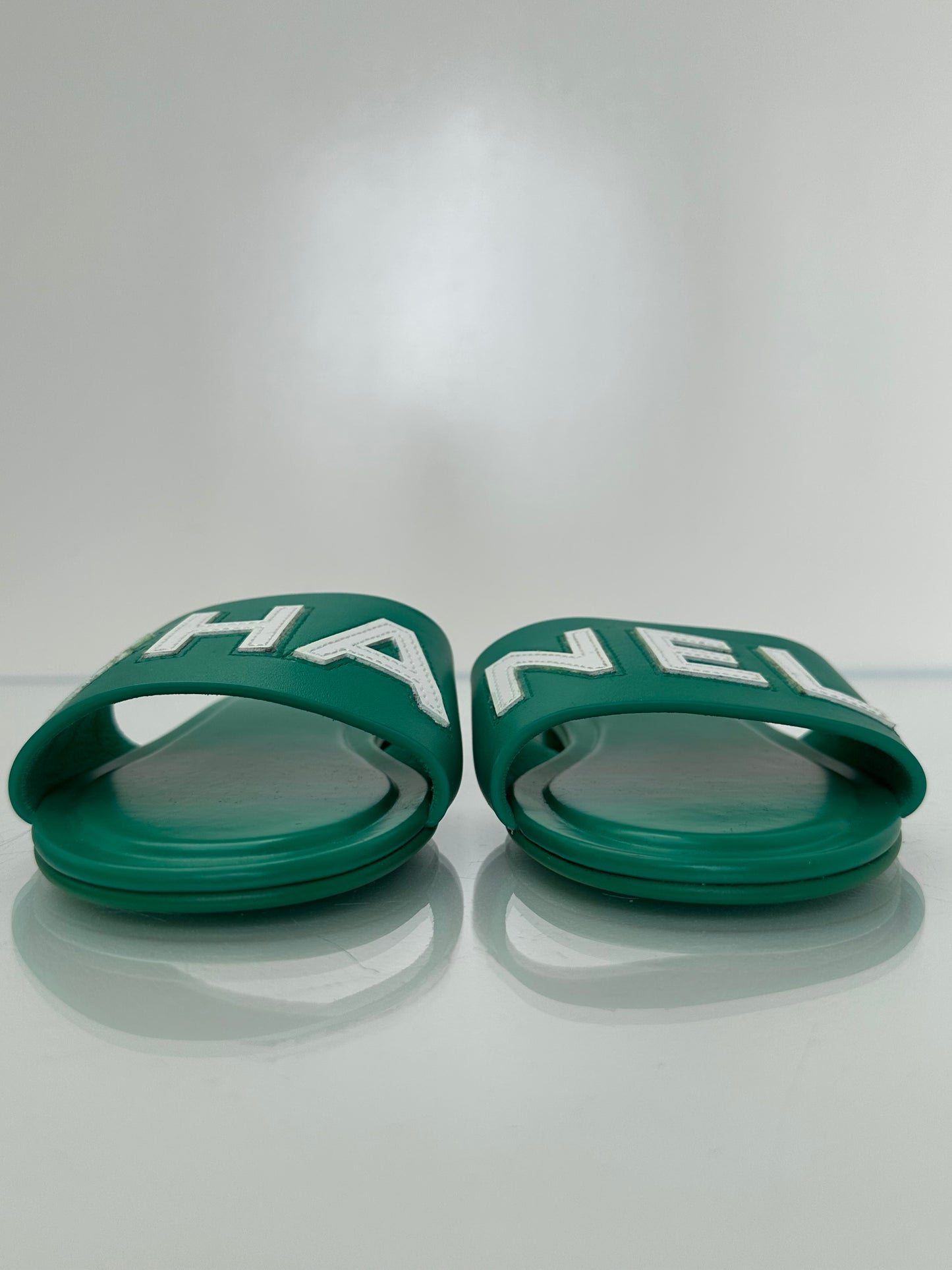 Chanel Emerald Green “CHA-NEL” Sandals, 37