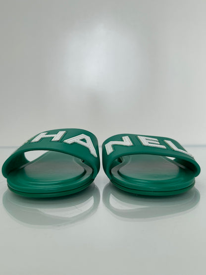Chanel Emerald Green “CHA-NEL” Sandals, 37