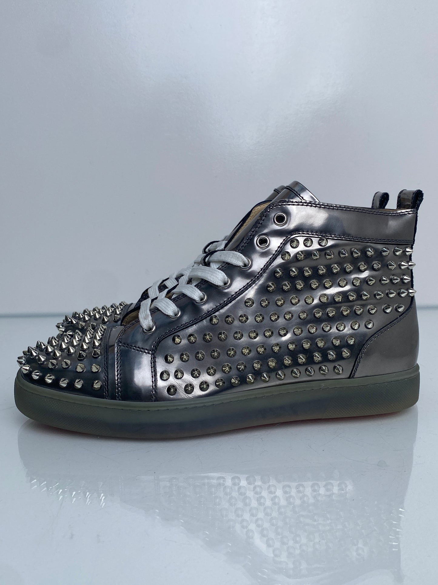 Christian Louboutin Metallic Silver Patent Leather Spiked High-Top Sneakers, 43