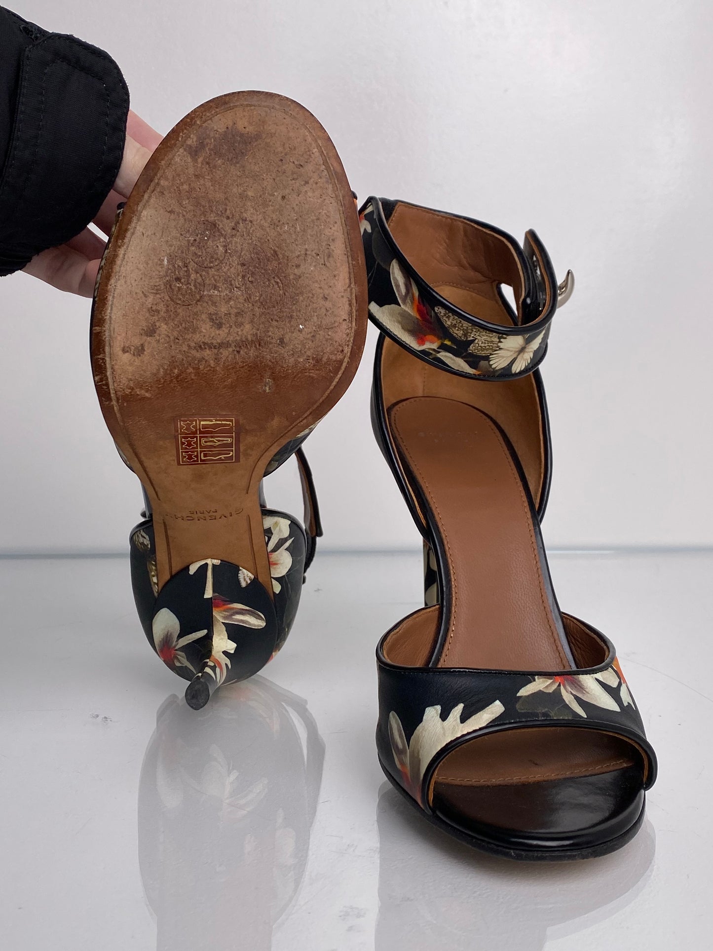 Givenchy Black Floral Leather Sandals, Size 38.5