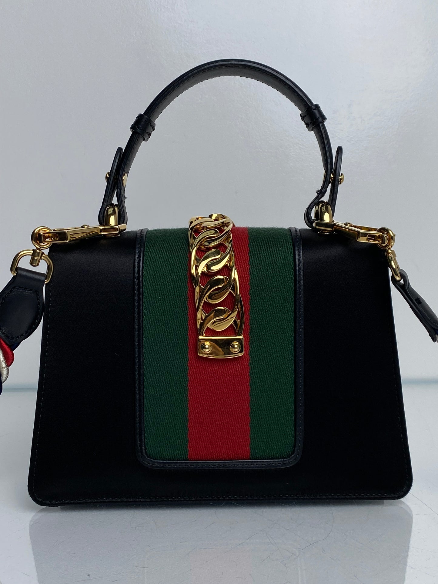 Gucci Black Satin & Webstripe Rhinestone Mini Sylvie Bag GHW (As Is)