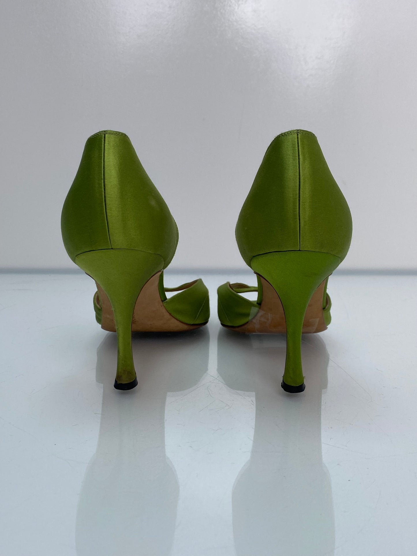 Manolo Blahnik Green Peep Toe Heels, 37.5