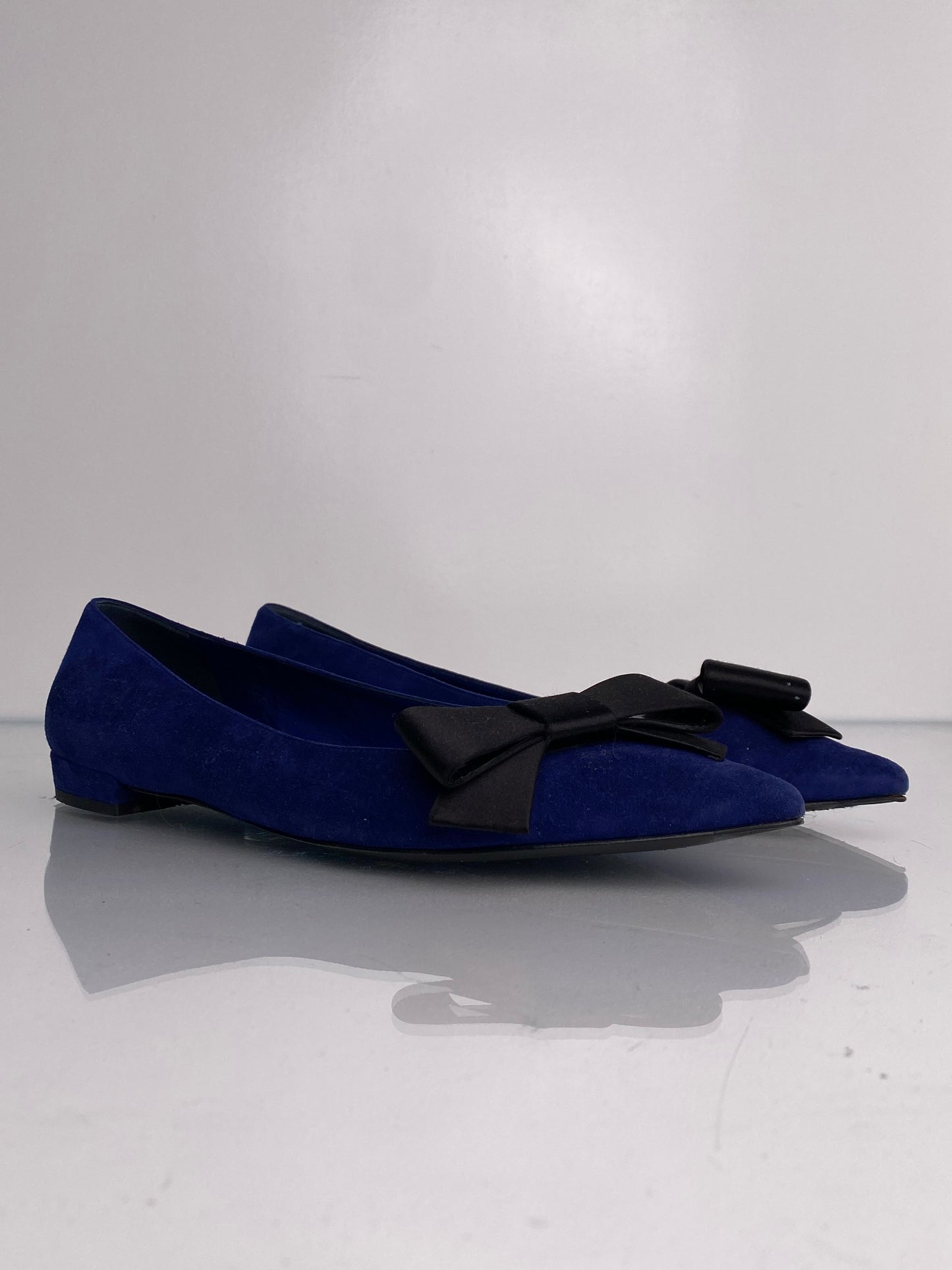 Prada Pointed Toe Blue Suede Bow Flats, 39.5