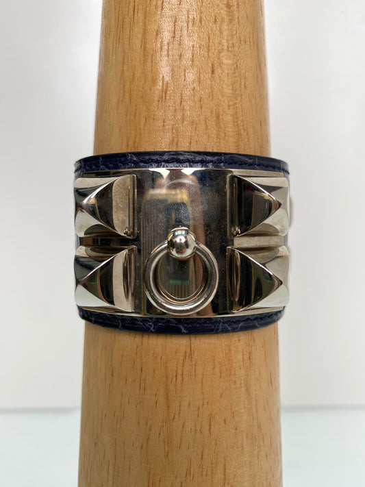 Hermes Collier de Chien Navy Blue Shiny Alligator Cuff Bracelet PHW