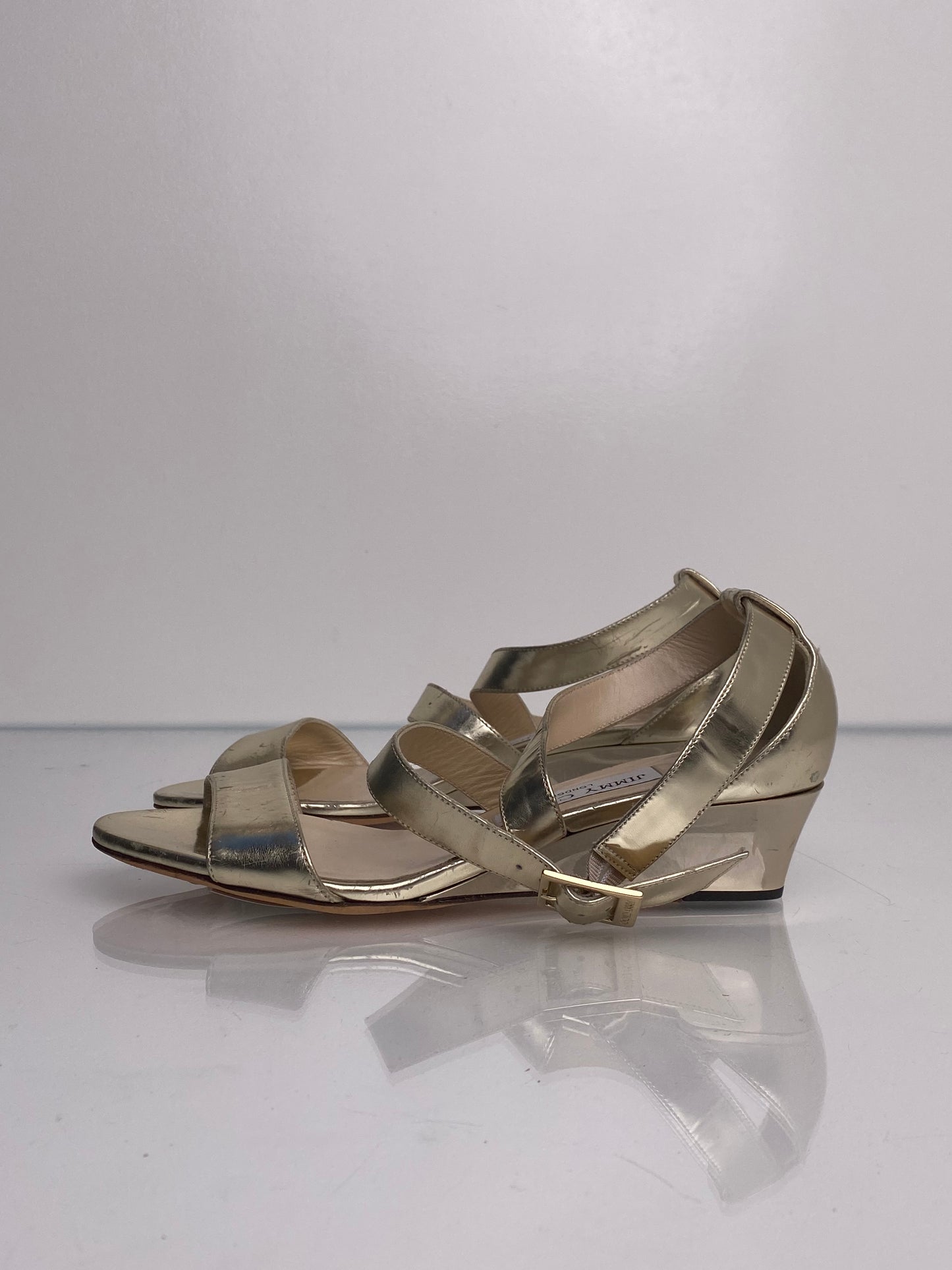 Jimmy Choo Light Gold Mini Cross Strap Wedges, 37.5