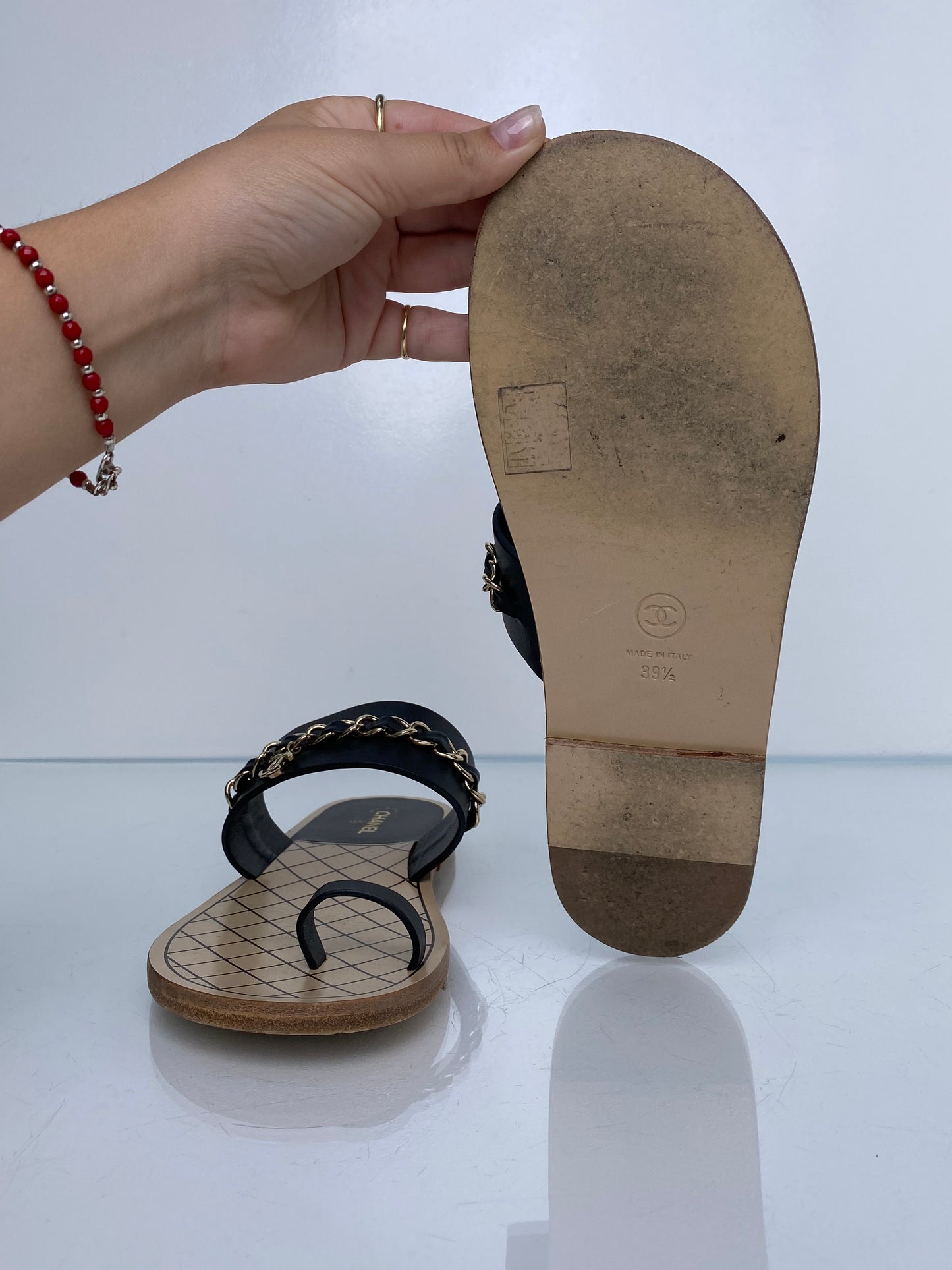 Chanel Black Interlocking CC Chain Sandals, 39.5