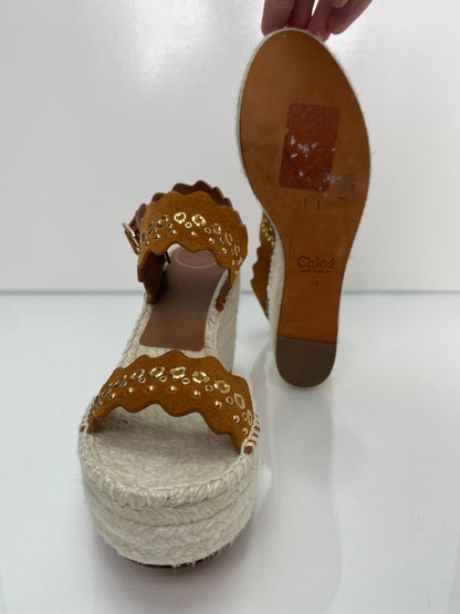 Chloe Brown & Gold Studded Espadrille Wedges, 40