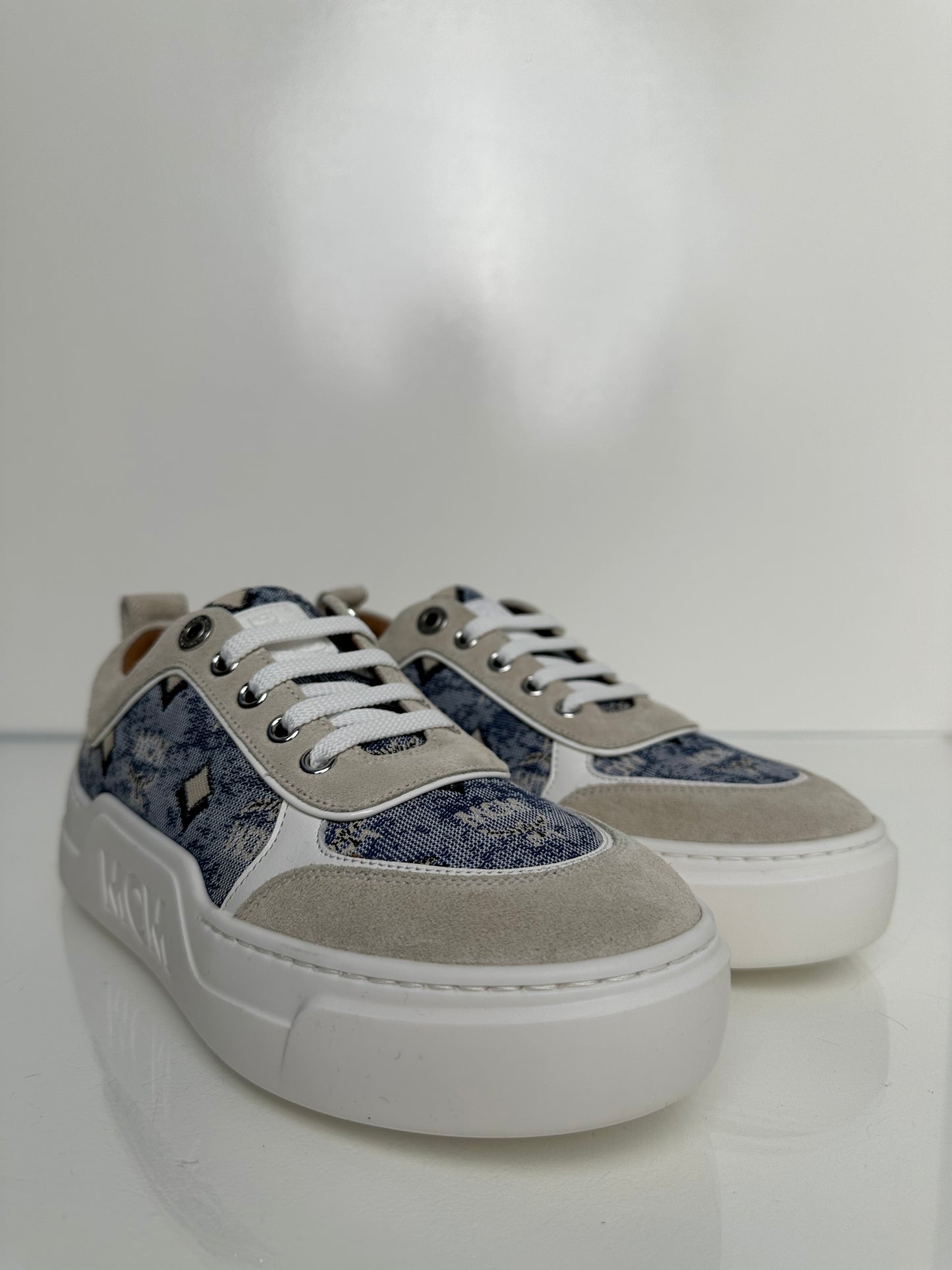 MCM Blue & Cream Denim Monogram Sneaker, 36