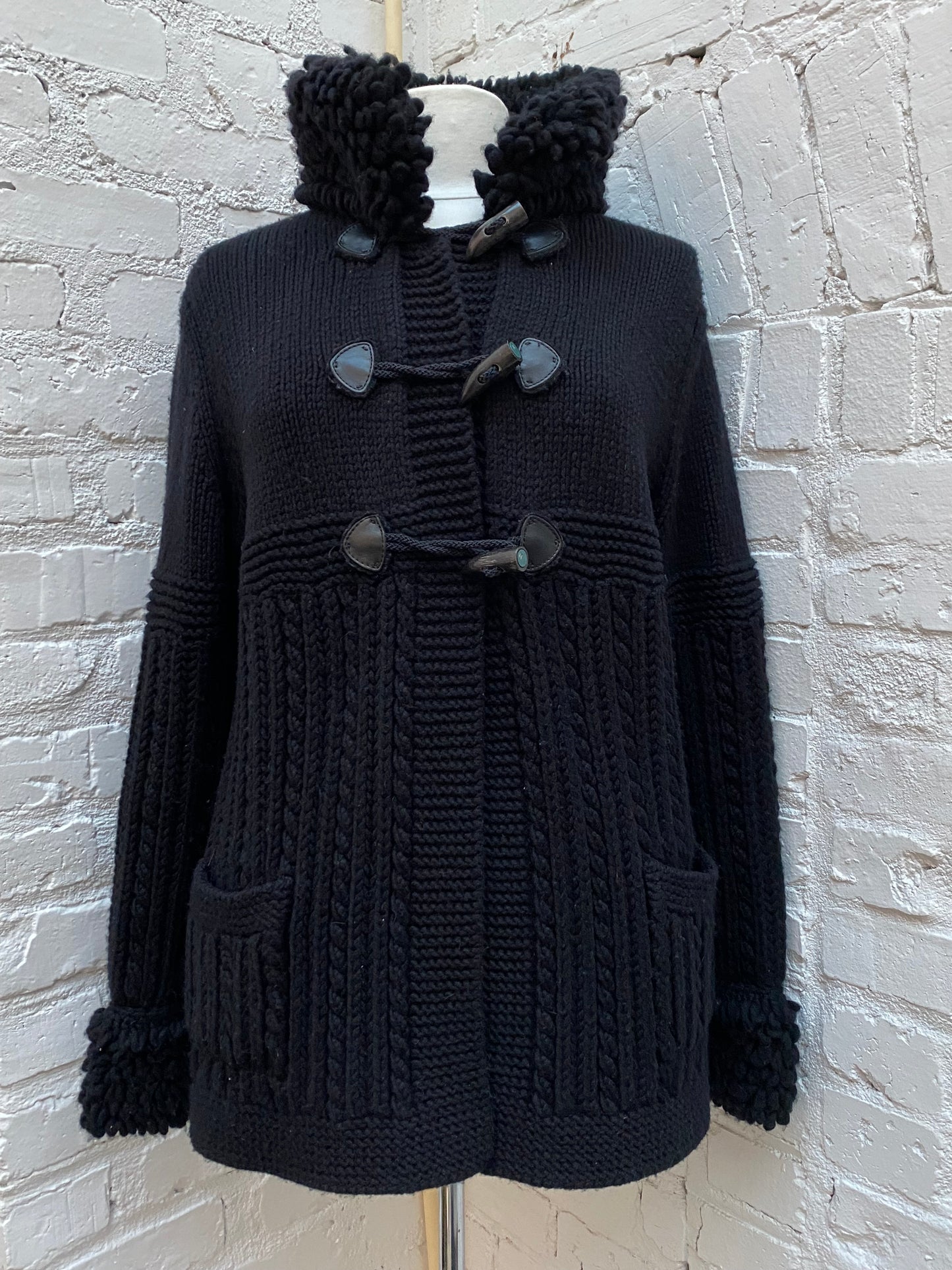 Chanel Vintage Black Cashmere Horn Closure Cardigan, 42