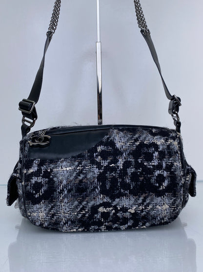 Chanel Black 2.55 Tweed Chain Bowler Bag SHW