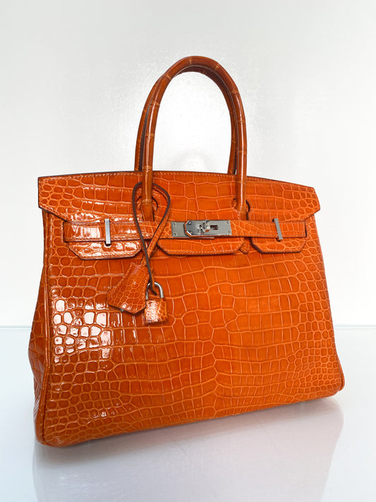 Hermes Birkin 30 Shiny Porosus Orange PHW #L