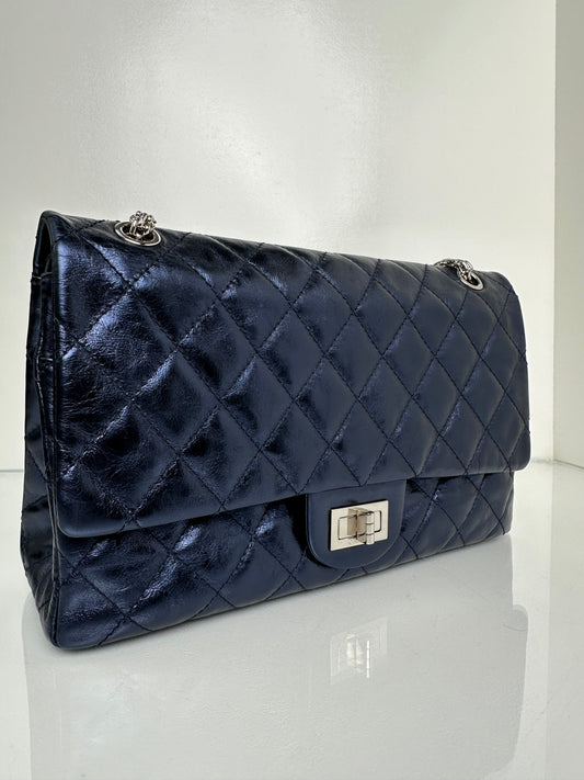 Chanel Classic Reissue 227 Blue Metallic Aged Calfskin Double Flap SHW