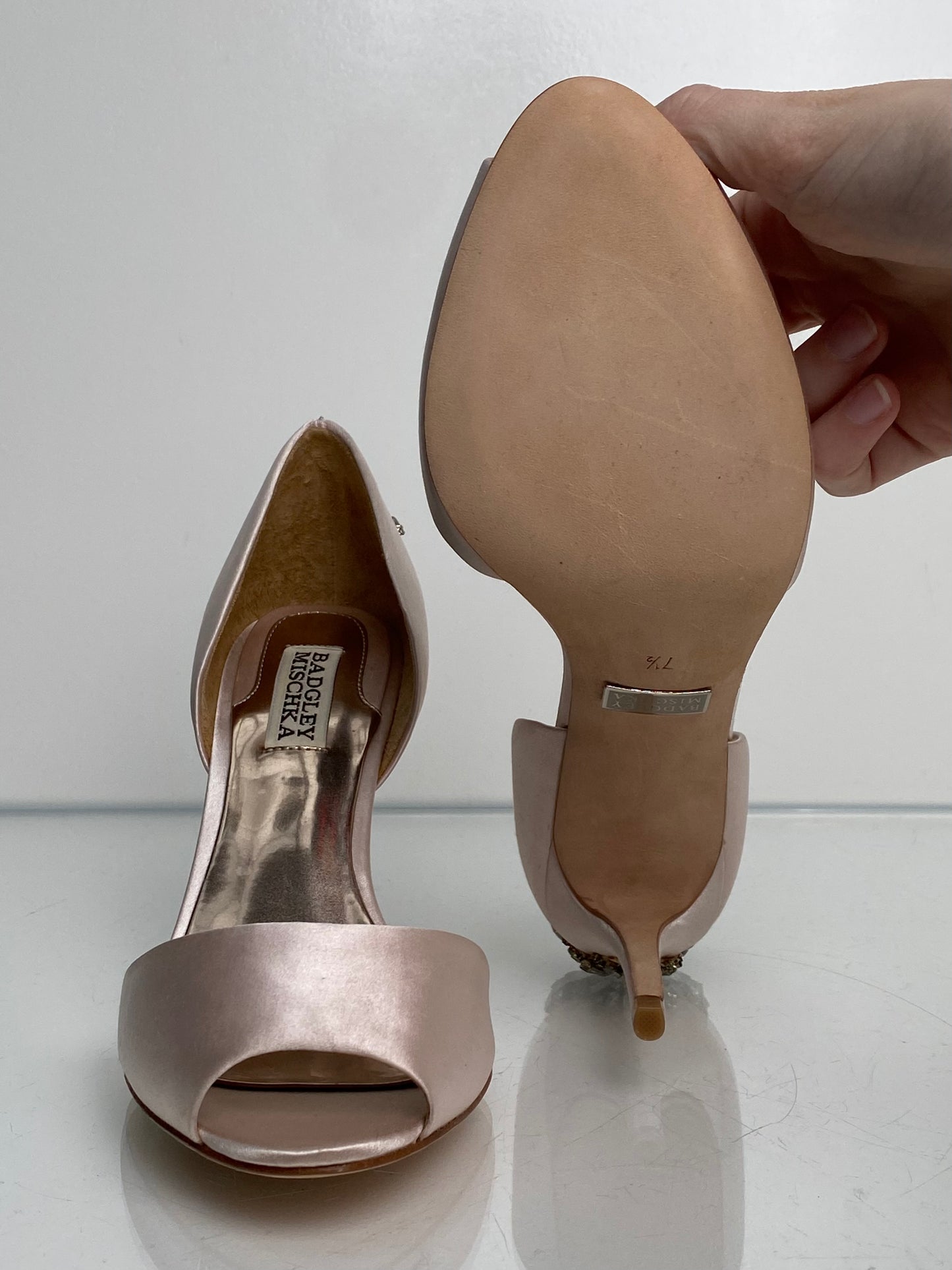 Badgley Mischka Pink Satin Peep Toe Heels, 7.5