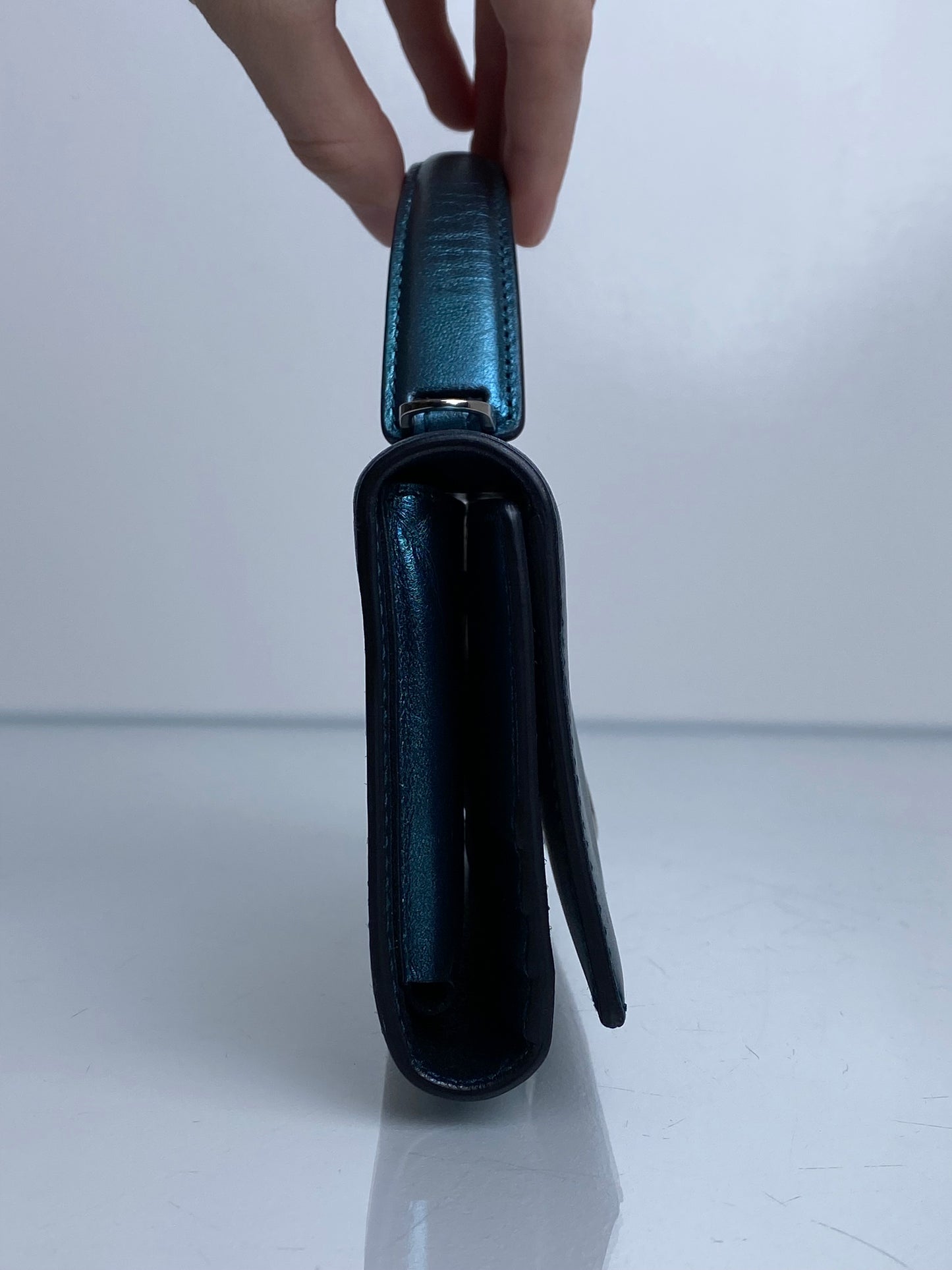 Ferragamo Metallic Teal Tophandle Wallet Crossbody Bag SHW