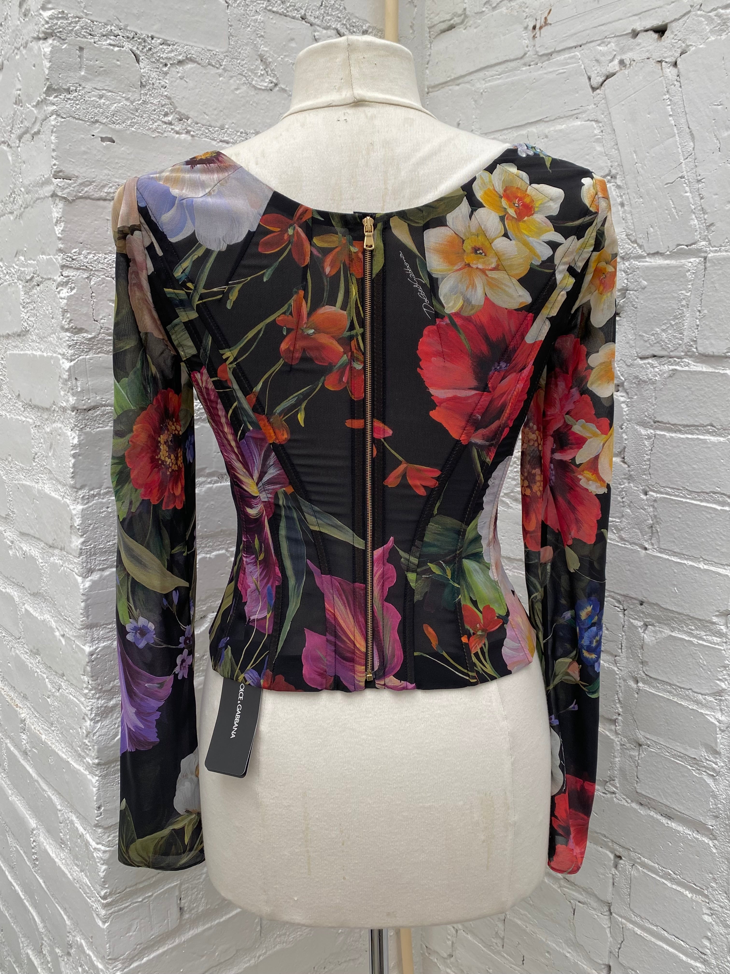 トップス DOLCE &GABBANA Dolce & Gabbana Black & Multicolor Floral Long Sleeve Corset Top, 40