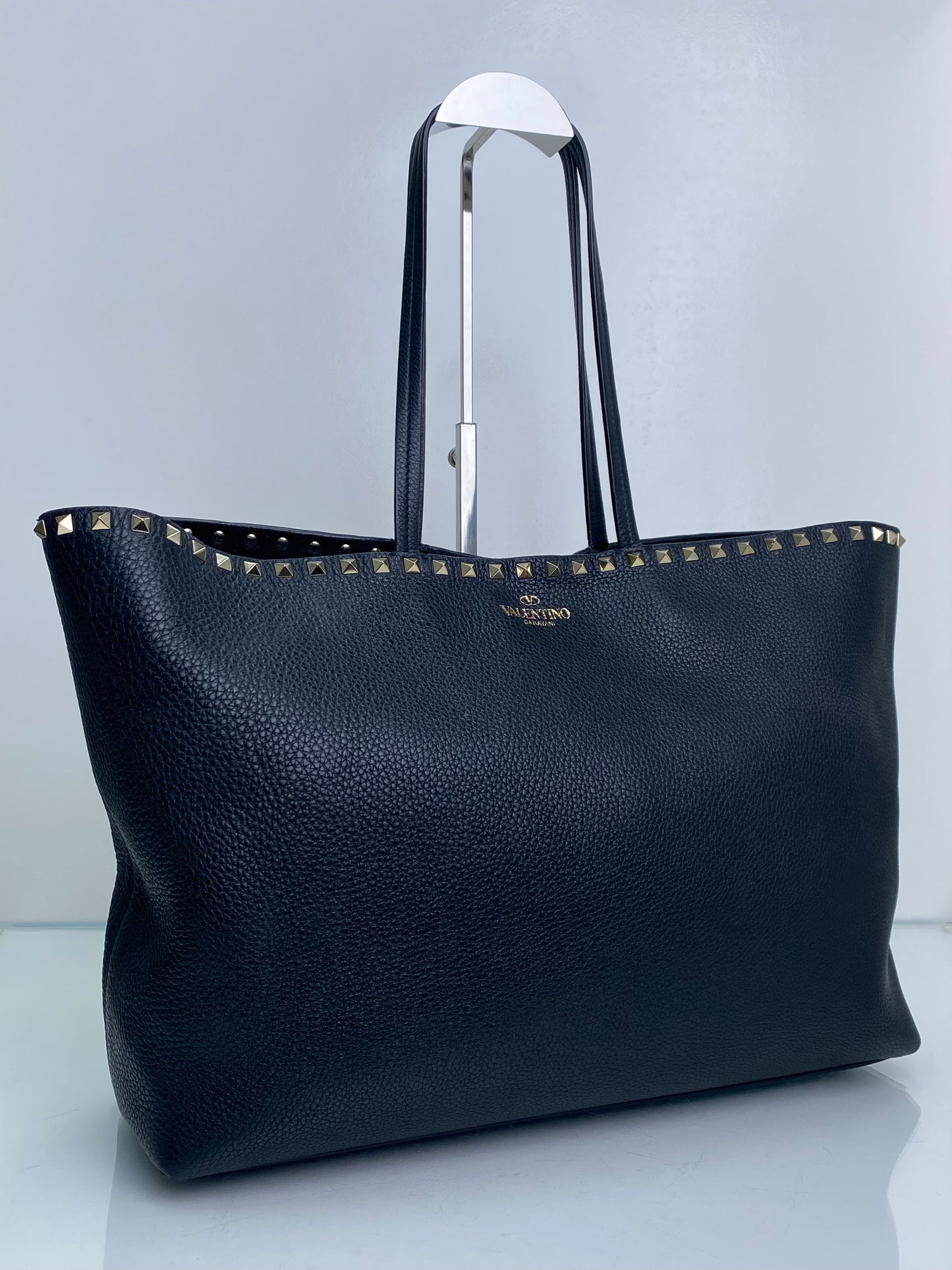 Valentino Black Grained Calfskin Rockstud Accent Tote Bag LGHW