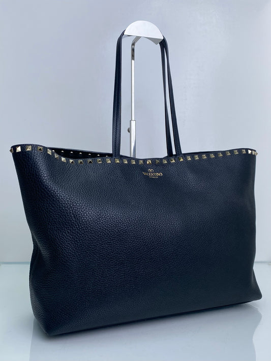 Valentino Black Grained Calfskin Rockstud Accent Tote Bag LGHW