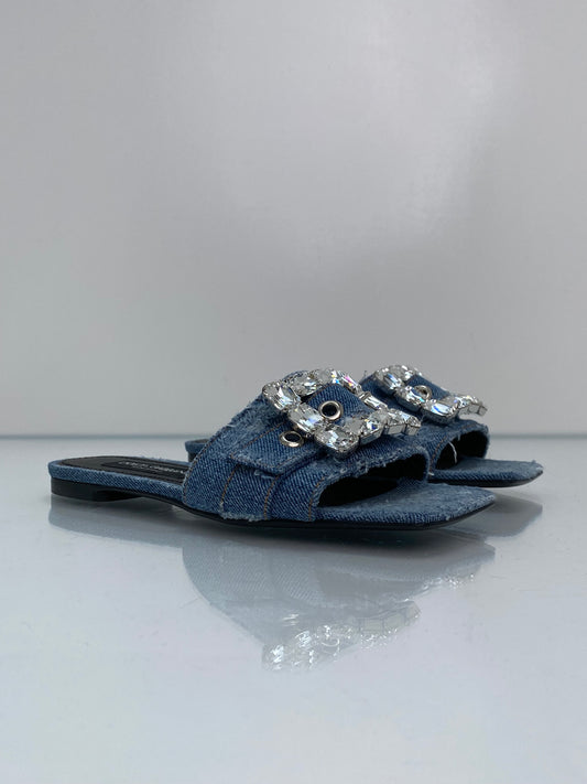 Dolce & Gabbana Denim Crystal Buckle Slides, 38.5