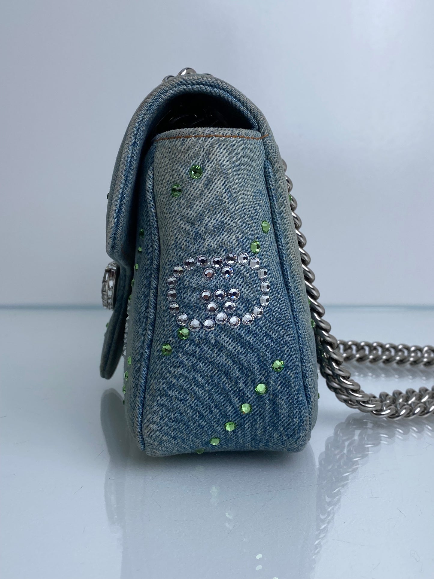 Gucci Denim Crystal Appliqué GG Marmont Shoulder Bag SHW