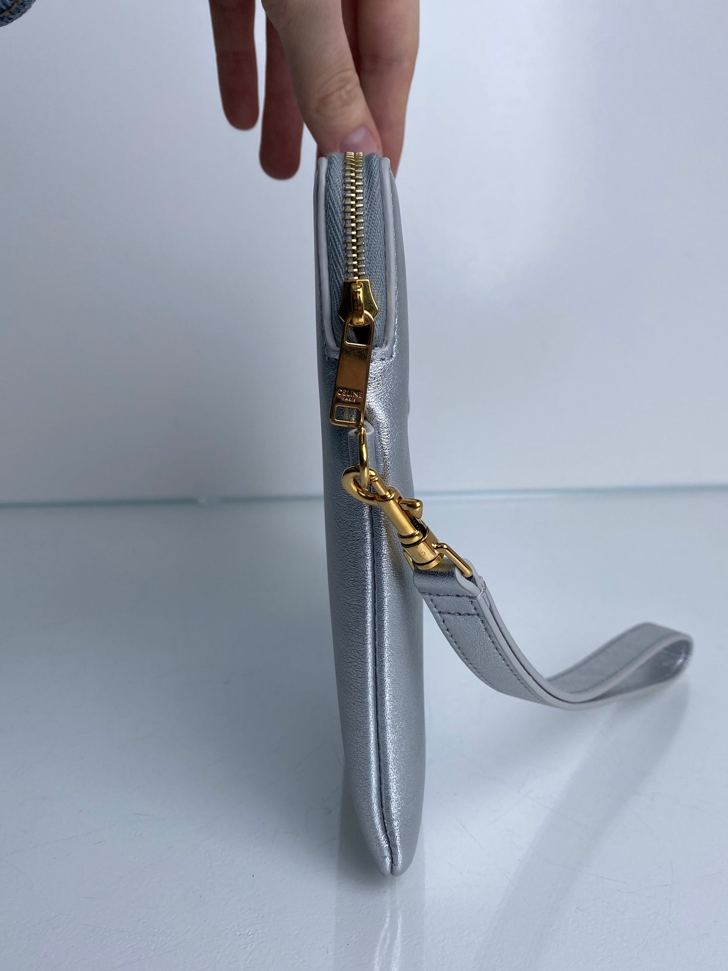 Celine Cuir Triomphe Small Pouch Metallic Silver