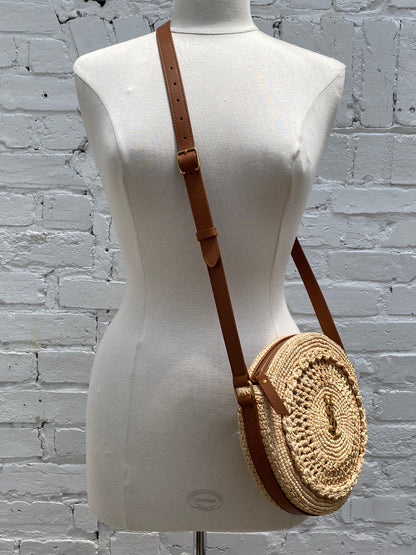 Saint Laurent Tan Raffia Logo Circular Bag GHW