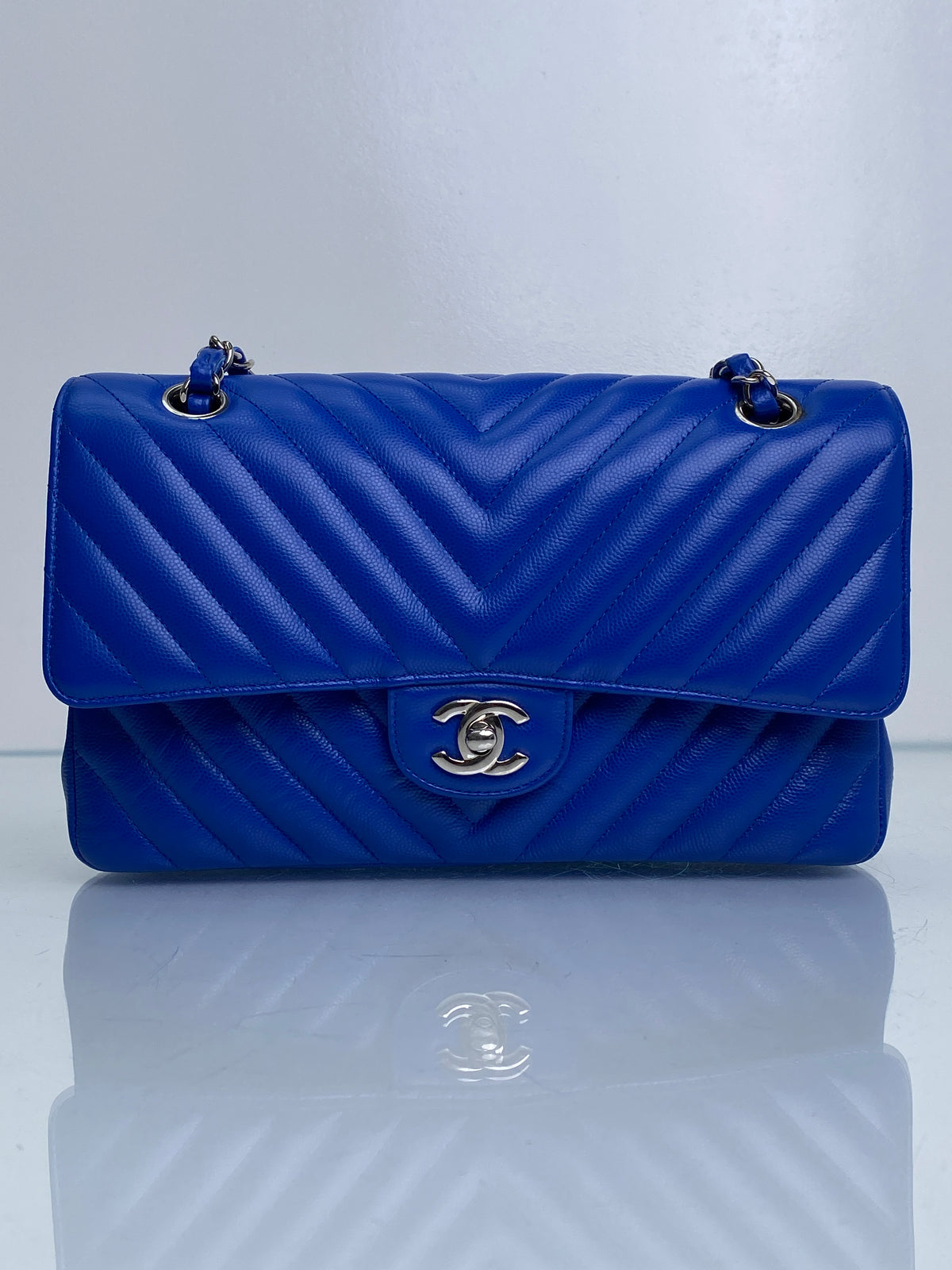 Chanel Blue Caviar Chevron Medium Classic Flap Bag SHW #22