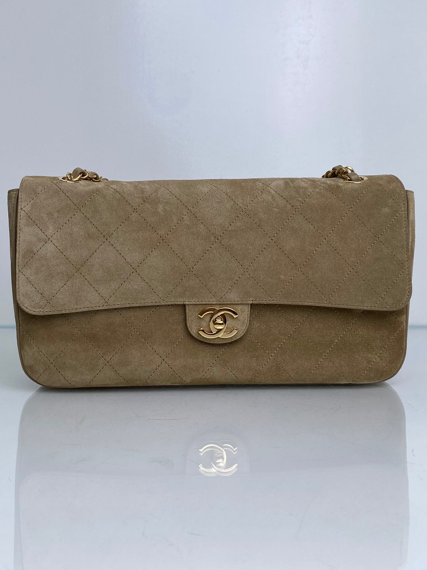 Chanel Tan Quilted Suede Jumbo Classic Flap Bag GHW
