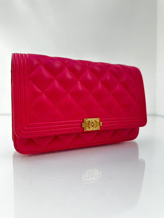 Chanel Hot Pink Boy Lambskin Leather Wallet On Chain GHW