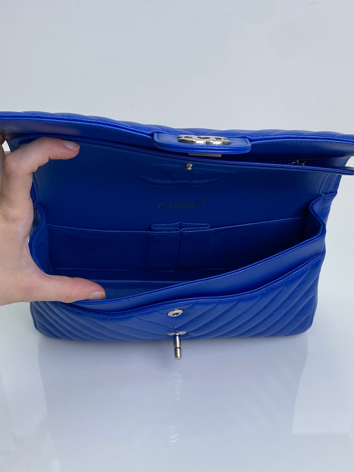 Chanel Blue Caviar Chevron Medium Classic Flap Bag SHW #22
