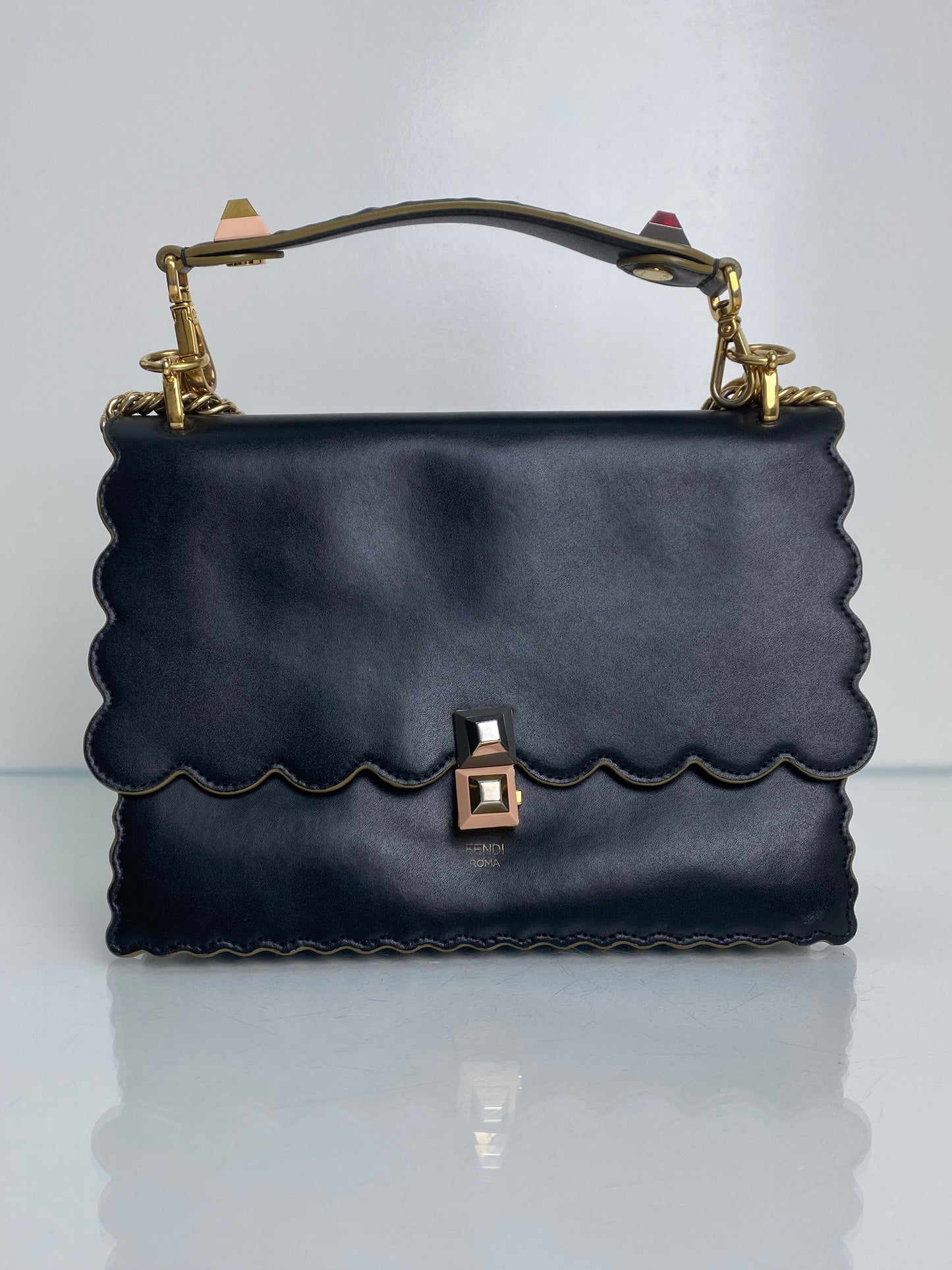 Fendi Black Khan Scalloped Medium Bag GHW