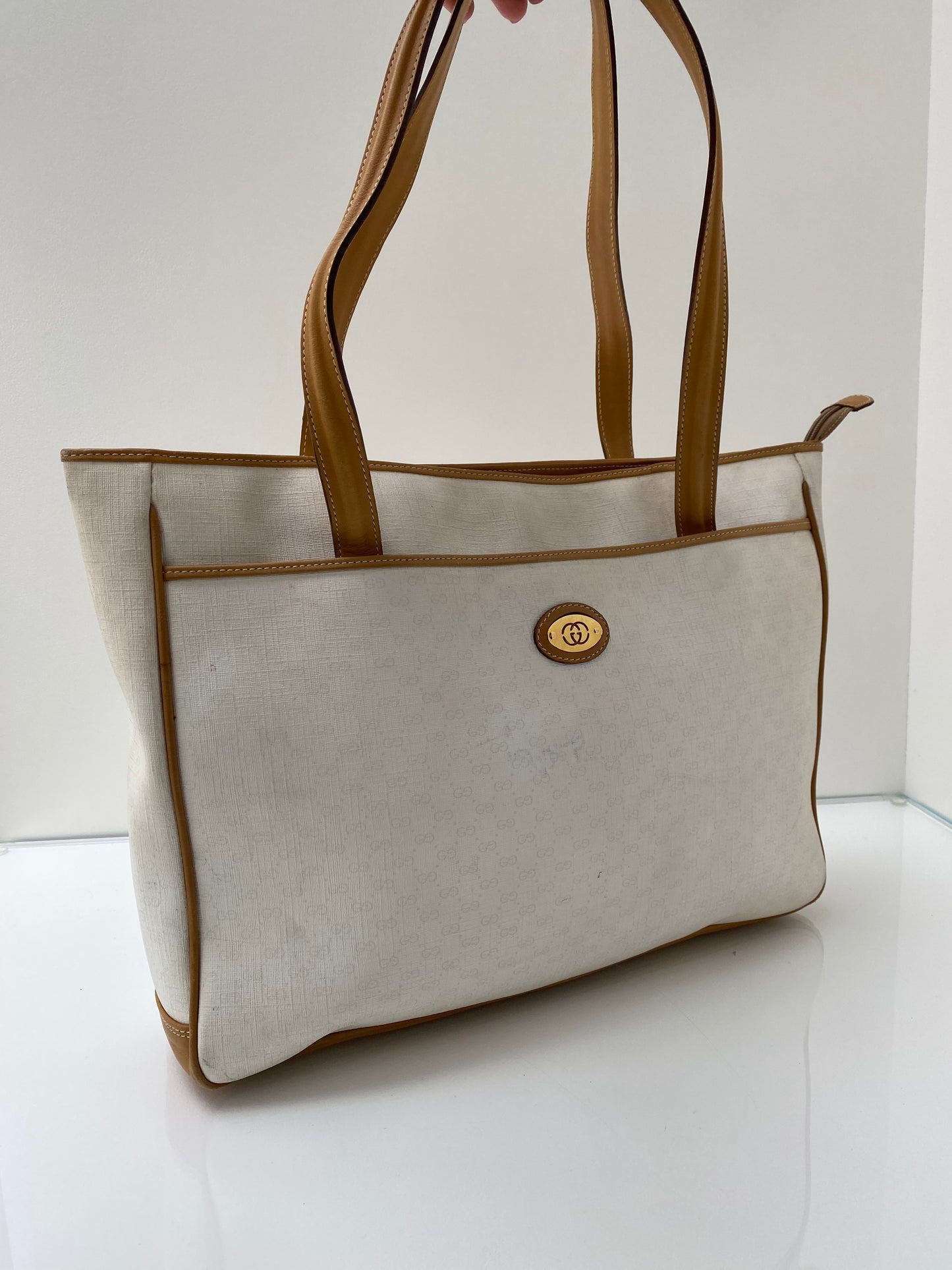 Gucci White Canvas Bag with Tan Trim