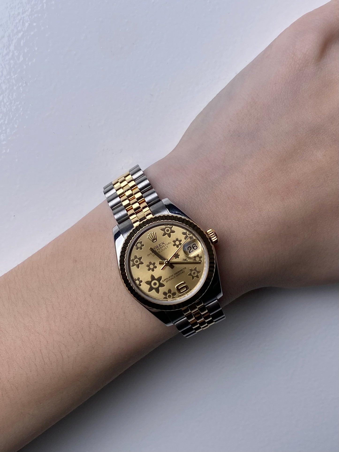 Rolex Two-Toned Champagne Floral Datejust Watch, 31