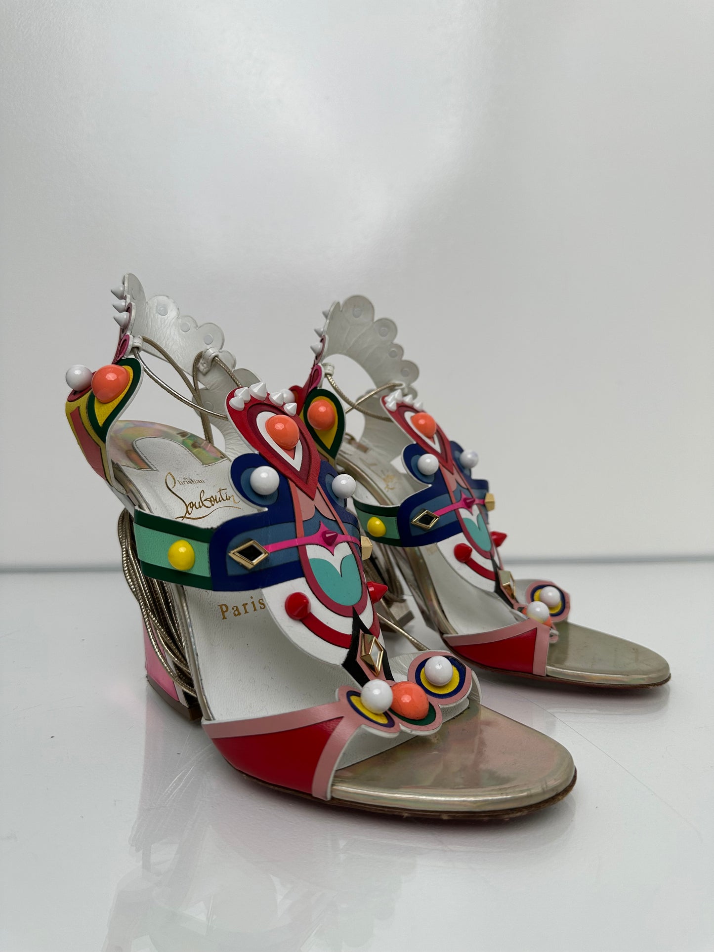 Christian Louboutin Papagaya Lavita Multicolor & Studded Wedges, 38