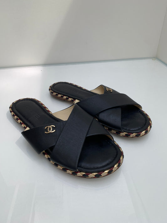 Chanel Black Leather Slides, 41