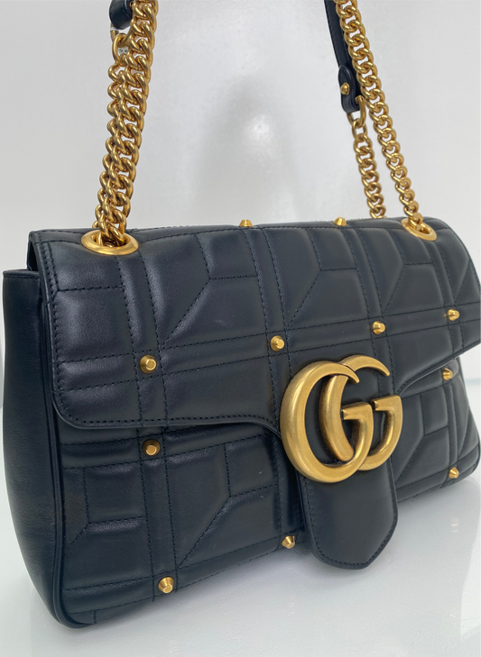 Gucci Black Studded GG Marmont Leather Crossbody, GHW