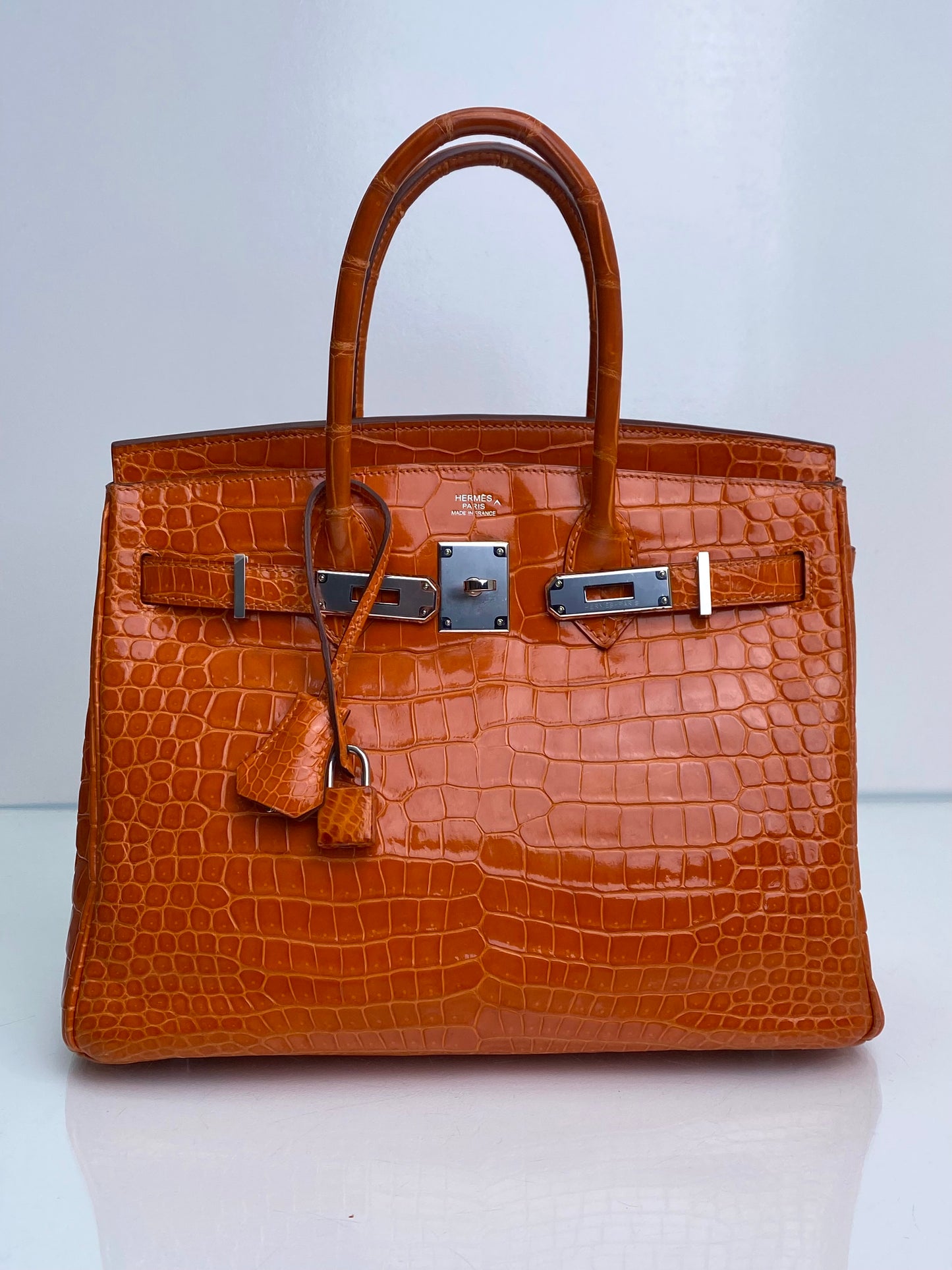 Hermes Birkin 30 Shiny Porosus Orange PHW #L