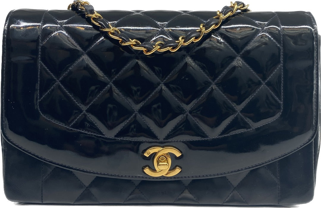 Chanel Classic Vintage Diana, Black Patent, GHW w/ card