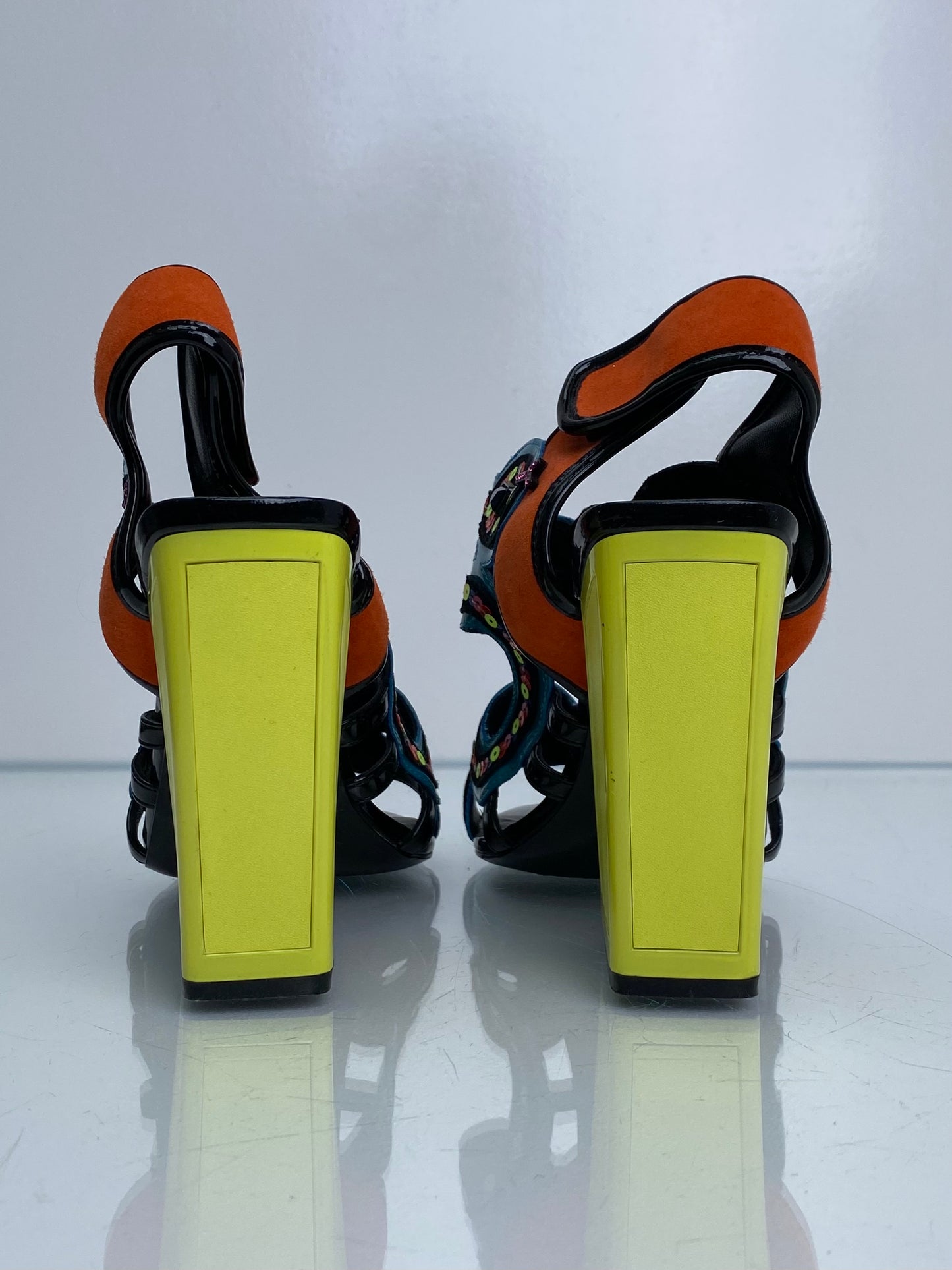 Kat Maconie Neon Yellow, Orange, Blue Sequin Heels, 8