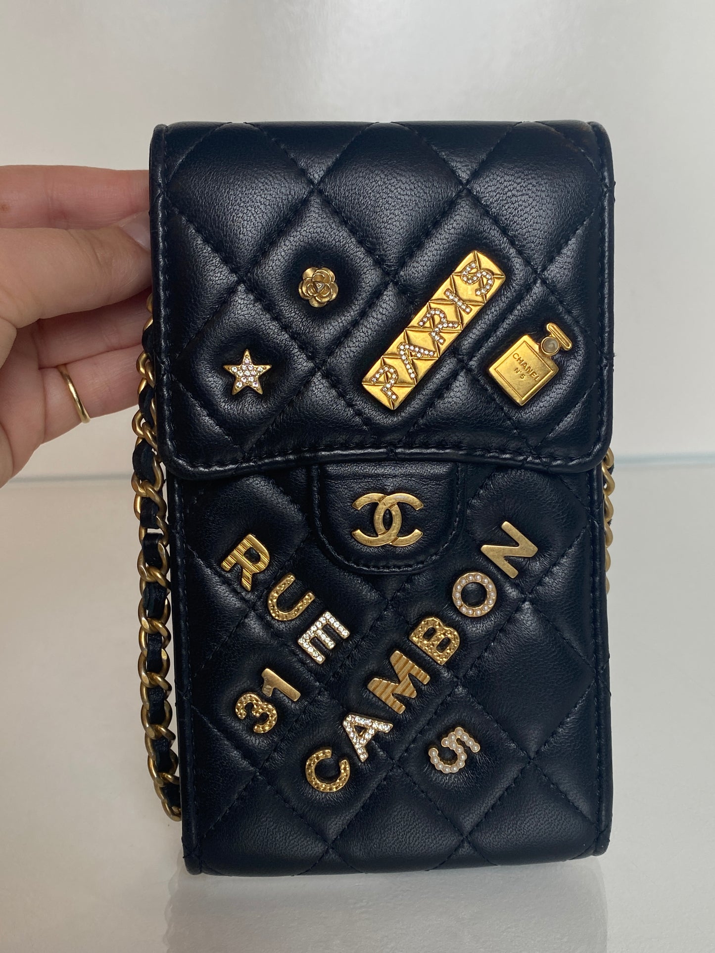 Chanel Black Quilted Lambskin Rue Cambon Phone Holder Crossbody Bag GHW