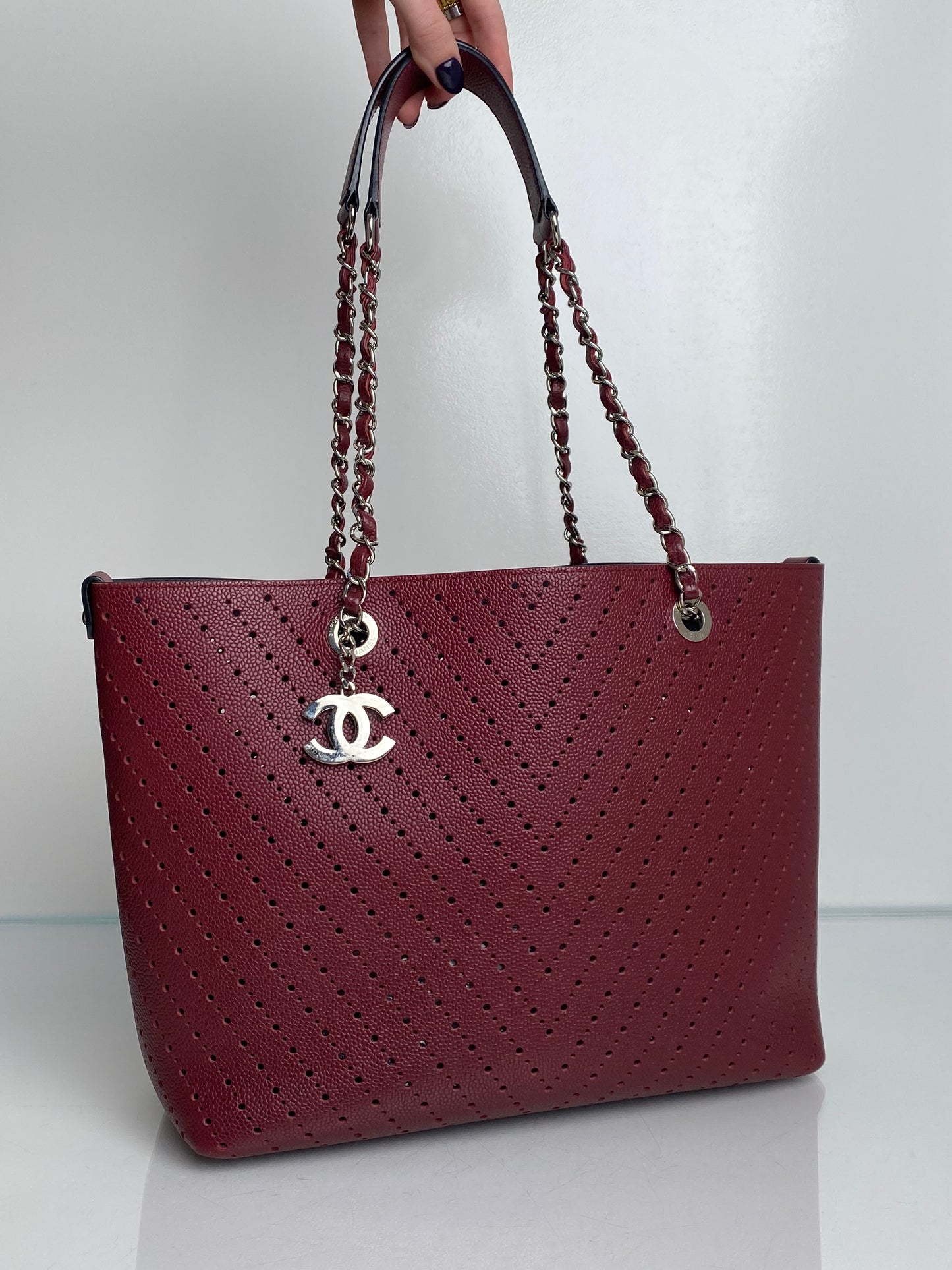 Chanel Burgundy Perforated Calfksin Medium Shopping Tote Bag SHW #22